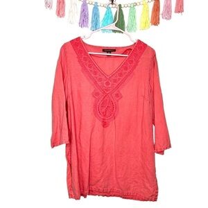 Tommy Bahama Salmon Coral Linen Tunic Embroidered Front 3/4 Sleeve Top Medium